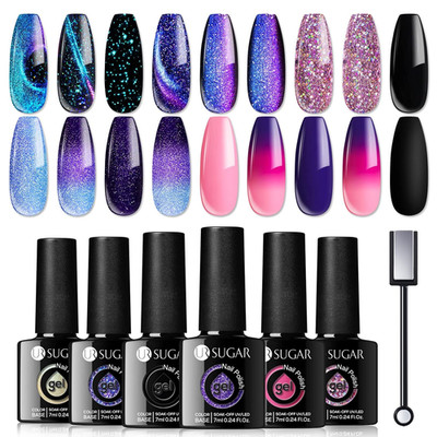 Glitter Gel Nail Polish Set 6 Colors Glitter 9D Cat Magnetic Eye Black