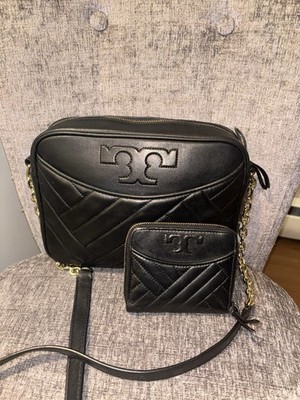 Tory Burch Alexa Quilted Camera Flemming Bag black Leather And Wallet Set