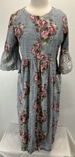 Bombay Paisley Floral Midi Dress Sz Large Women Blue Eyelet Sleeves Cottagecore
