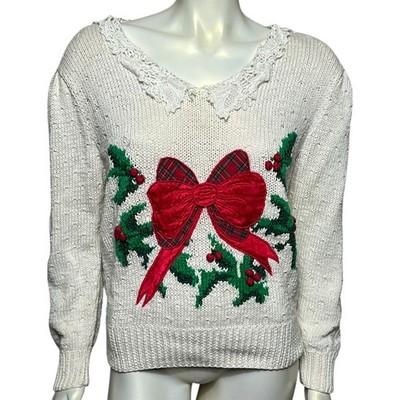 Vintage Bechamel White Hand Knit Sweater Lace Collar Holiday Bow Size M