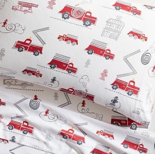 3 Pc. Pottery Barn Kids Twin Sheet Set: Fire Trucks Ladder Truck Organic Cotton