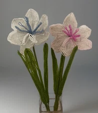 Vintage French Glass Seed Beaded Large Flowers Blue Pink Green Long Stem