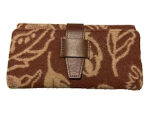 Vintage Pendleton Long Brown Wallet Tri-Fold Wool Leather Trim Southwest Leaves
