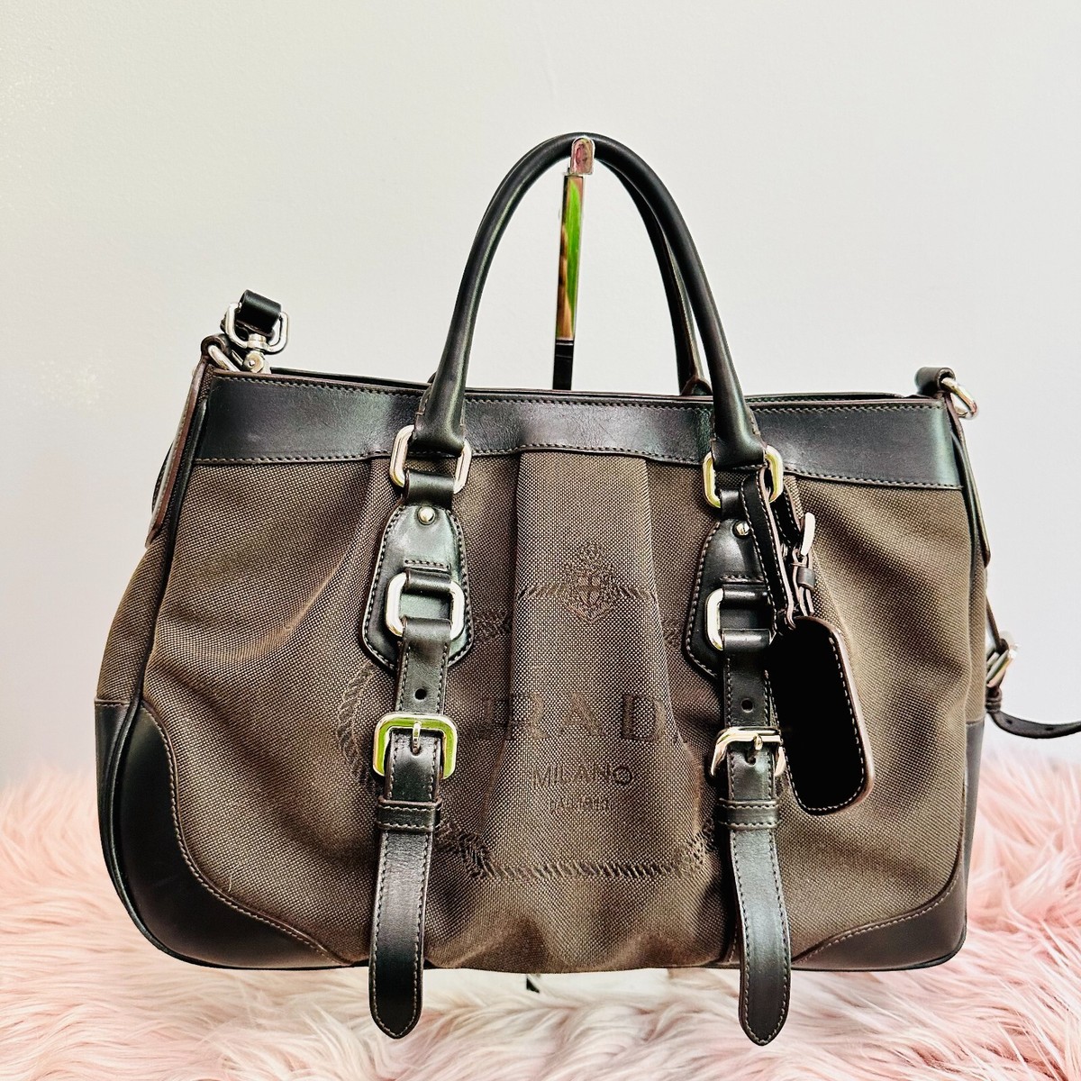 極美品 PRADA CANAPA Ssize Authentic PRADA Logo Canapa CanvasTote Bag Black L Size 34x20x20cm