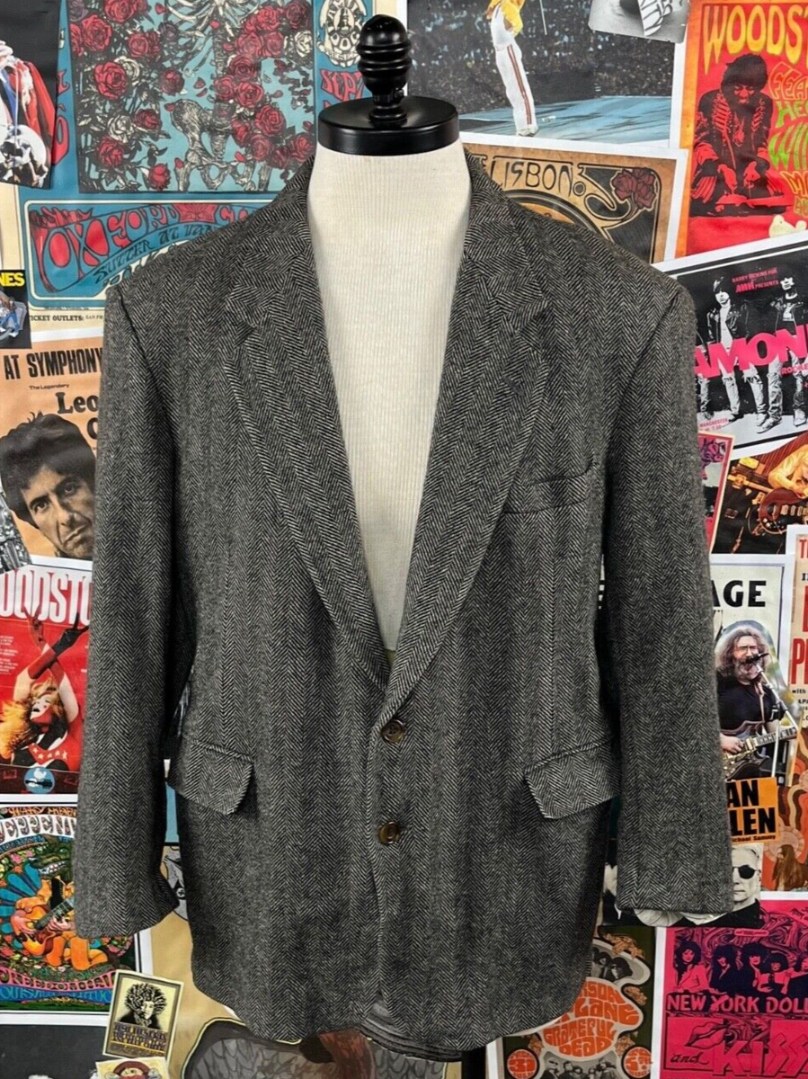 Vtg 80s-90s Grey Herringbone Tweed Single Breasted Blazer Sport