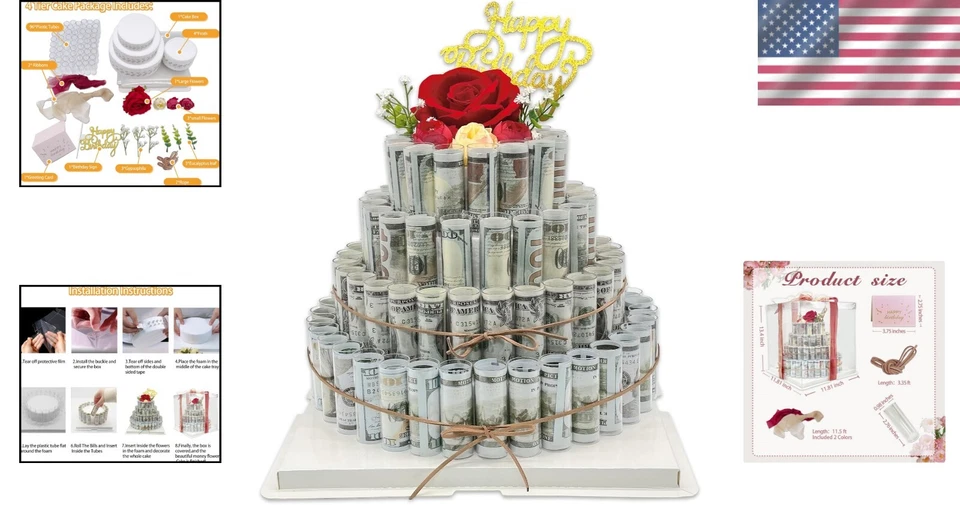 Premium Money Flower Cake GiftBox with Artificial Roses - 4 Tier Celebration - Image 2 of 4