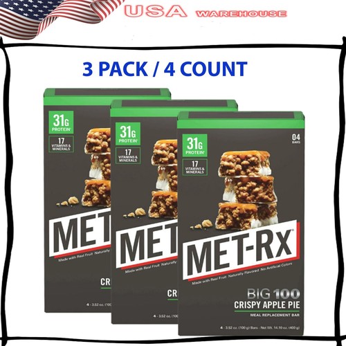 3 Pack MET-Rx Big 100 Protein Bars, Crispy Apple Pie Meal Replacement Bars, 4 Ct