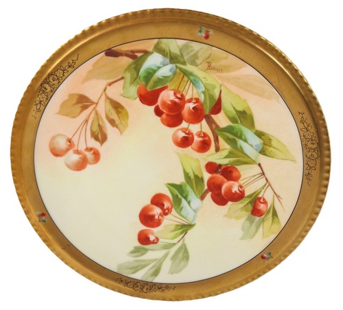 Antique Limoges Pickard Teapot Sugar Creamer Set and Plate Hand Painted Cherries - Picture 11 of 15