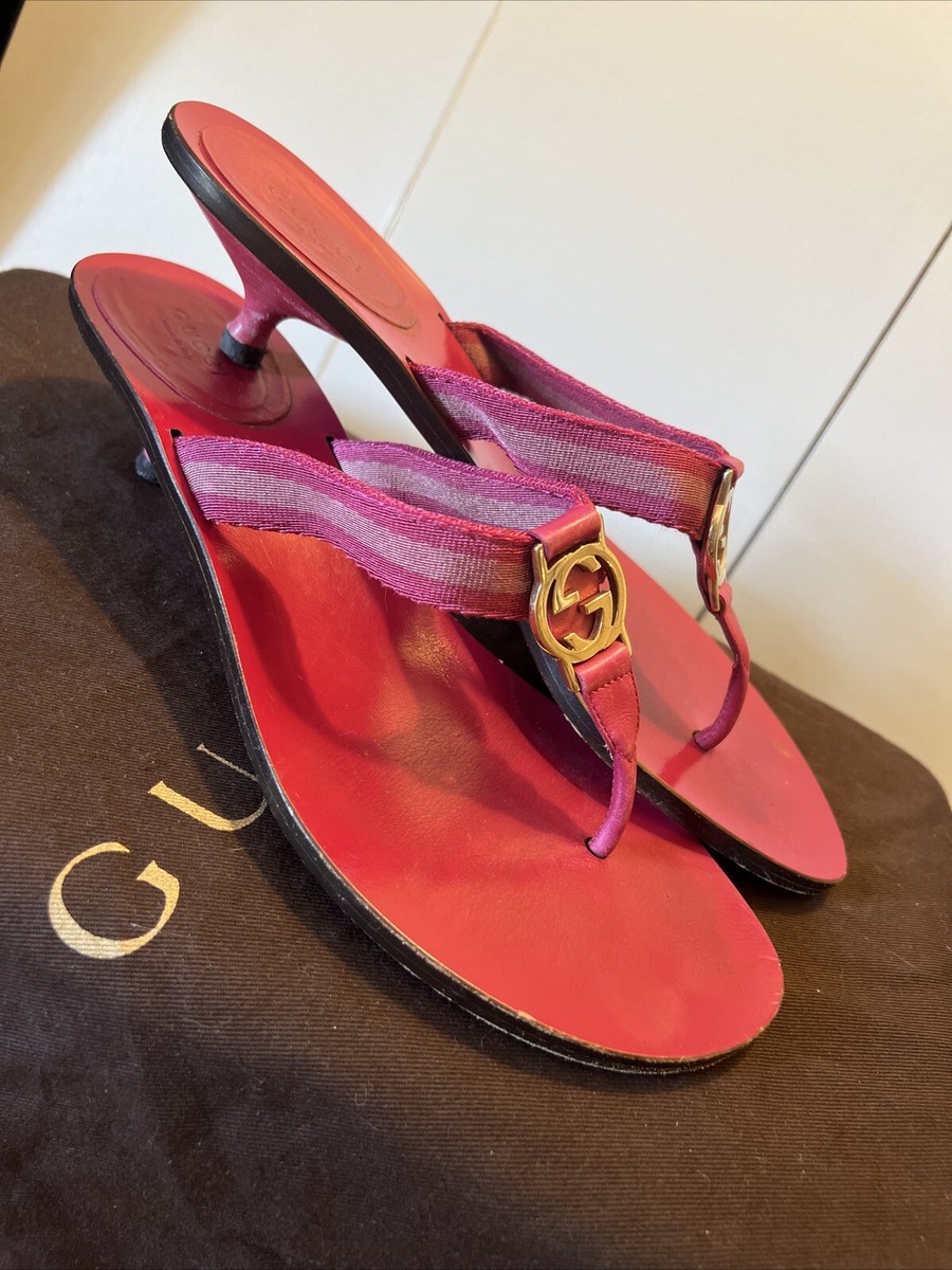 GUCCI リボン　ミュール Gucci 9 GG Logo Sandals Mid Kitten Heels THONG Flip Flop