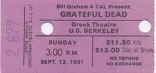 GRATEFUL DEAD TICKET 09-13-1981 GREEK THEATRE JERRY GARCIA BOB WEIR PHIL LESH