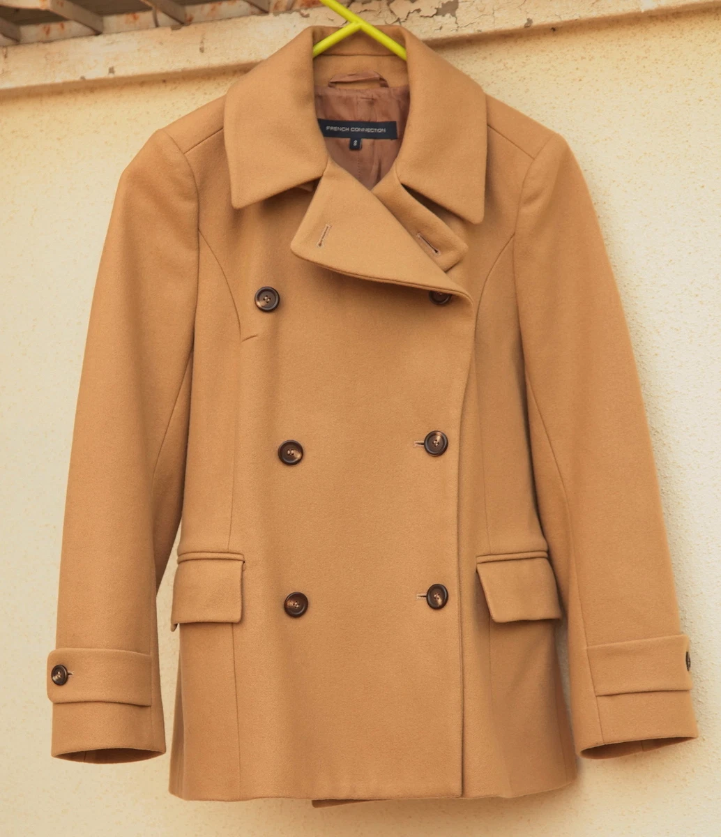 FRENCH CONNECTION Womens Double Breasted Wool Blend Lined Tan Color Coat SIZE 8