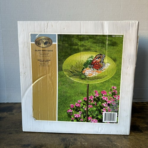 Vintage Hampton Bay Hand Painted Glass Butterfly Design Bird Bath New Old Stock - Picture 8 of 10