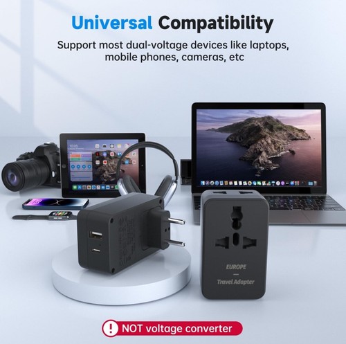 Europäischer Reisestecker Adapter, internationaler Netzstecker mit USB C, USB A Ports - Bild 5 von 7