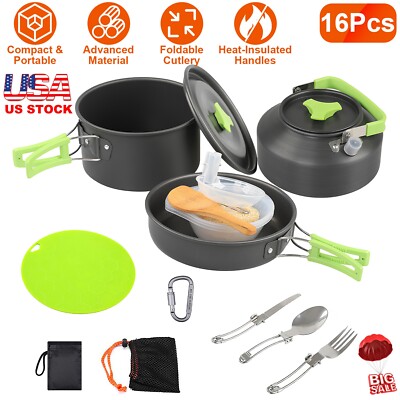 16Pcs Camping Cooking Ware Kit Camping Stove Cookware Set Aluminum Pot Pan Tool