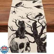 Seliem Halloween Gothic Skull Black Cat Crows Table Runner, Silhouette Tree B