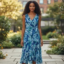 London Time Women's Size 8 Royal Turquoise Sleeveless Ruffle Wrap Dress - NEW