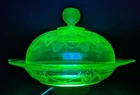 Vtg Federal Glass Georgian Lovebirds Uranium Green Covered Butter Dish 7.5"