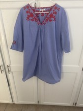 Madewell Dress Blue Red Embroidered Breeze Smocked Chambray Short Sleeve Sz Xl