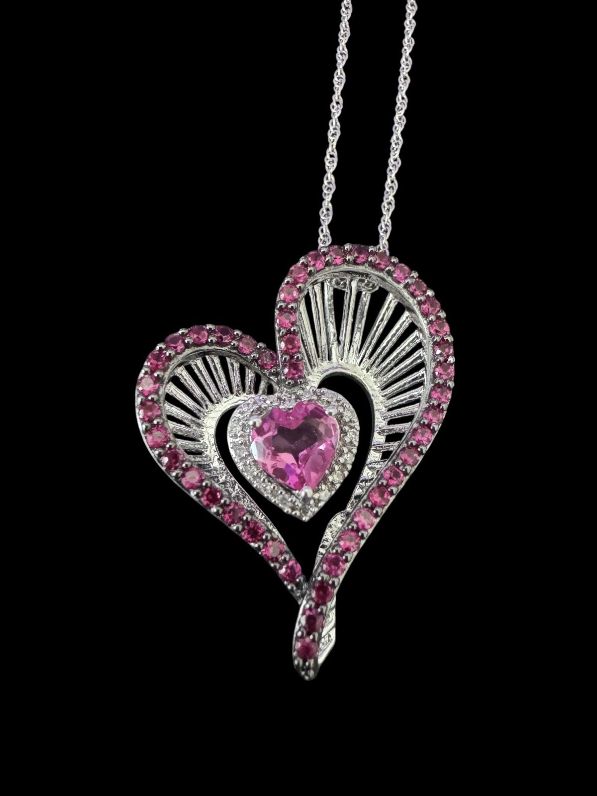 Zales Heart Lab Made Pink Sapphire Ruby & Diamond Sterling Silver Necklace Z2
