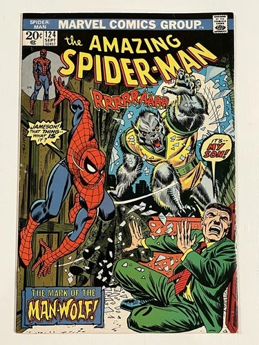 The Amazing Spider-Man #124/Bronze Age Marvel Comic Book/1st Man-Wolf/FN