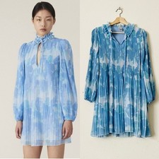 Ganni SIZE 38 Georgette pleated balloon sleeve blue floral babydoll dress