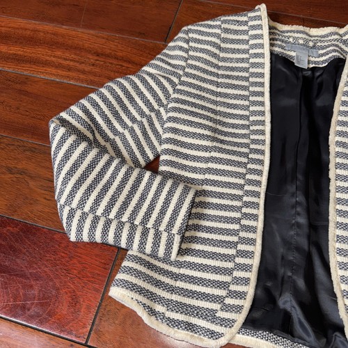 H&M Nautical Tweed Blazer Navy White Stripe Fringe Edges Size 6 - Picture 2 of 5