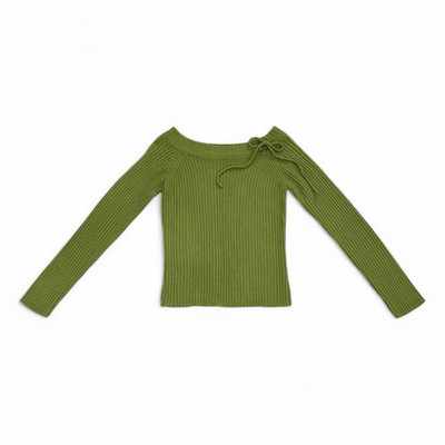 Chesley Women s M Green Solid Ribbed Knit Boat Neck Lace-Up Pullover Sweater