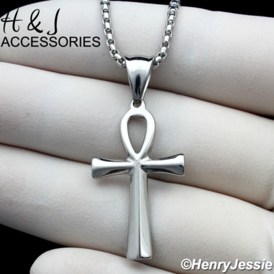 16-30''MEN Stainless Steel 2mm Silver Box Chain Simple Ankh Cross Pendant*AP112