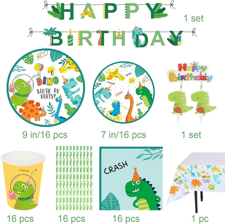 Juego de vajilla de suministros de fiesta de dinosaurios para 16 tazas, platos, servilletas, etc. para invitados Foto 2 de 4