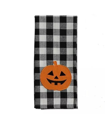 Appliqued Jack-o-Lantern Fall Halloween Kitchen Towel Black White Check