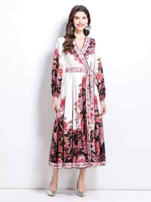 Elegantes Damen Kleid Lang Weich Satin Beige Bunte Blumen GIPSY 32239
