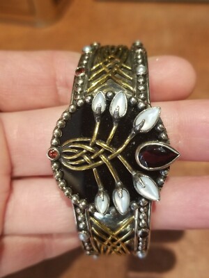 DESIGNER SIGNED BRONZE DREAM STERLING SILVER PEARL ONYX GARNET CUFF BRACELET