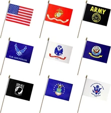 12X18 ARMED FORCES 9 Flag Set USA MILITARY WOODEN STICK FLAG SET Licesned