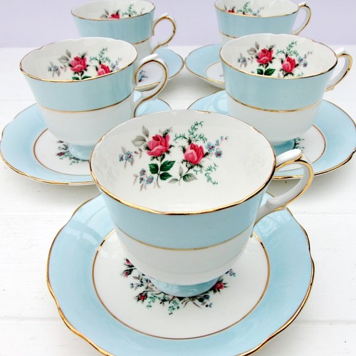 Vintage Duchess Bone China Tea Set 5 Cups Saucers Pastel Blue Pink Roses