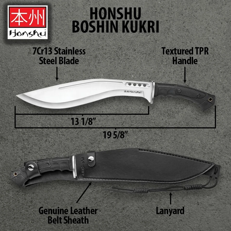 Honshu Boshin Kukri | Hoja de acero inoxidable Full-Tang de 13 1/8” | Funda de cuero Foto 2 de 4