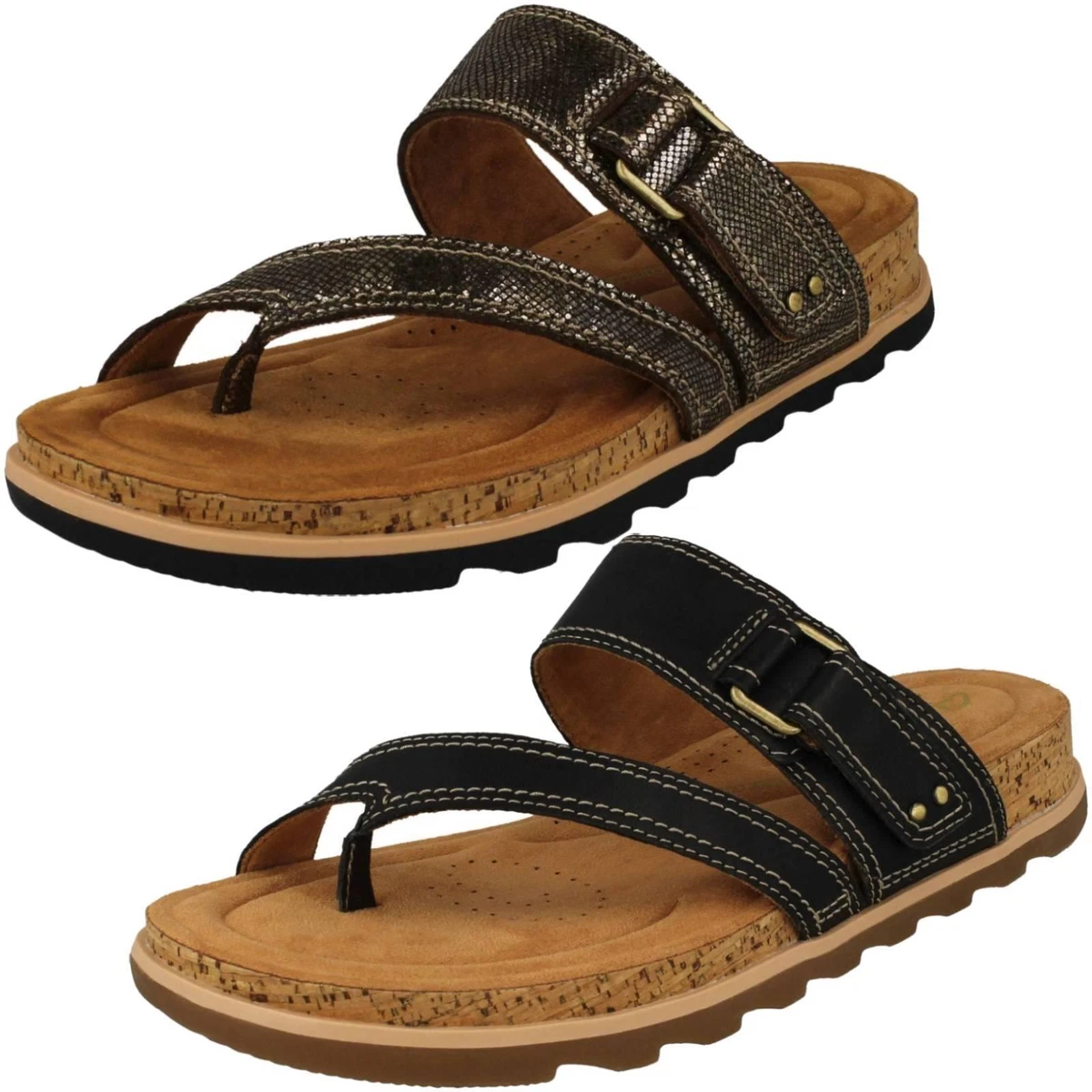 LADIES CLARKS LEATHER TOE POST HOOK LOOP SLIP ON MULE SANDALS YACHT BEACH