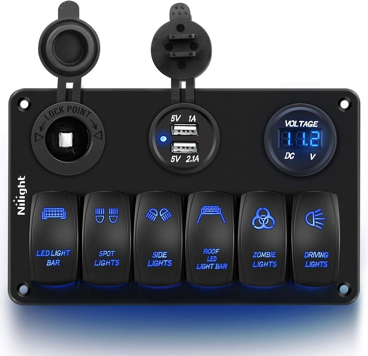 Nilight 6 Gang Rocker Switch Panel with Cigarette Lighter & USB for 12V/24V  Cars