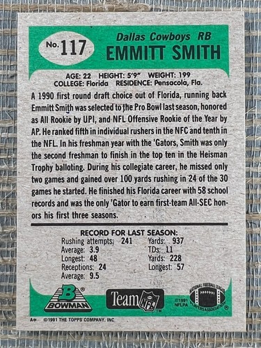 Emmitt Smith 1991 Bowman #117 Dallas Cowboys - Picture 2 of 2