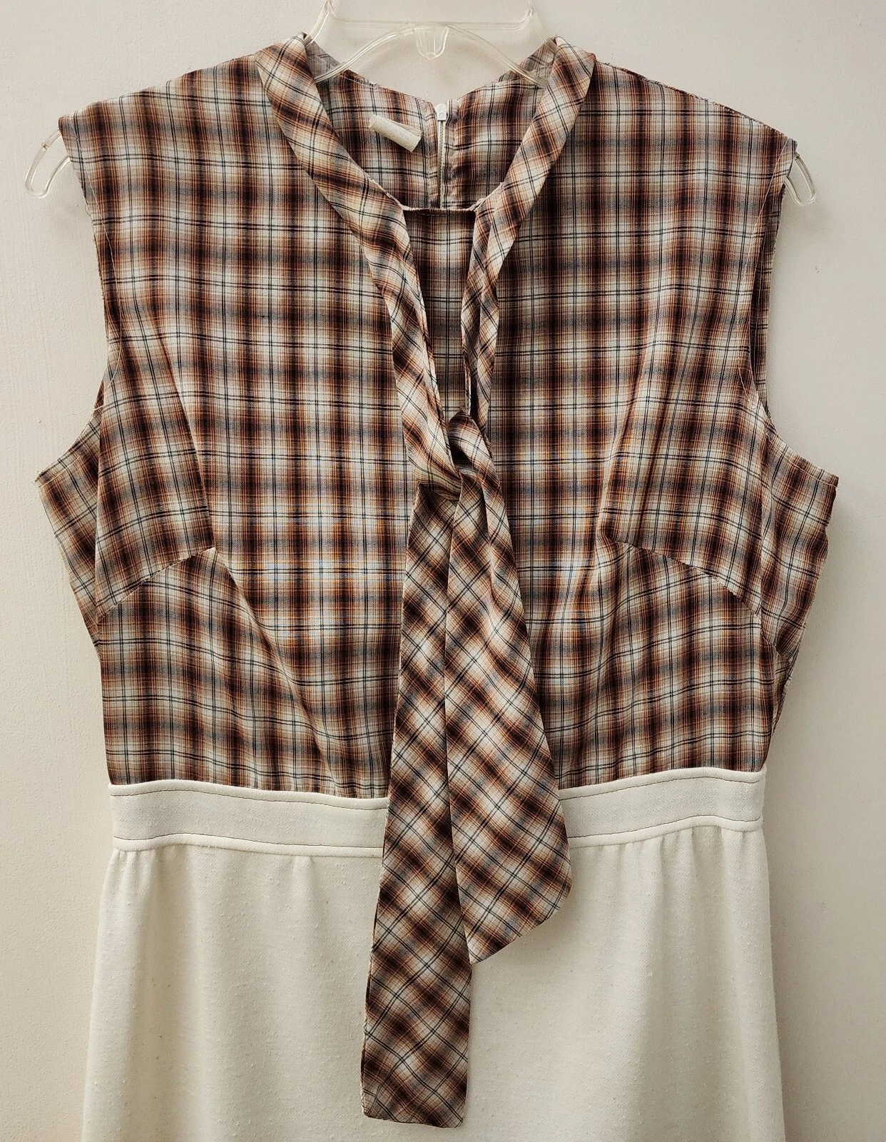 OFF WHITE Abito vintage anni 70 stile sud panna bianco sporco e marrone a quadri 2 pezzi taglia 16