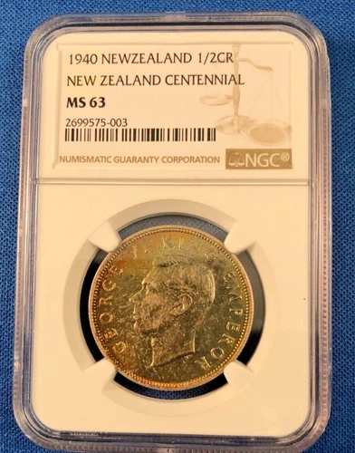 PRICE REDUCED!! 1940 New Zealand CENT Half Crown KM-14, NGC MS63 Rainbow toned