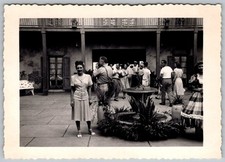 Vtg B&W Snapshot Elegant Woman in Courtyard With Fountain & People 1950s