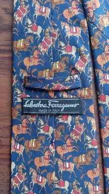 Salvatore Ferragamo Silk Tie Horse Print Navy Blue - Never Worn - Photo 1/4