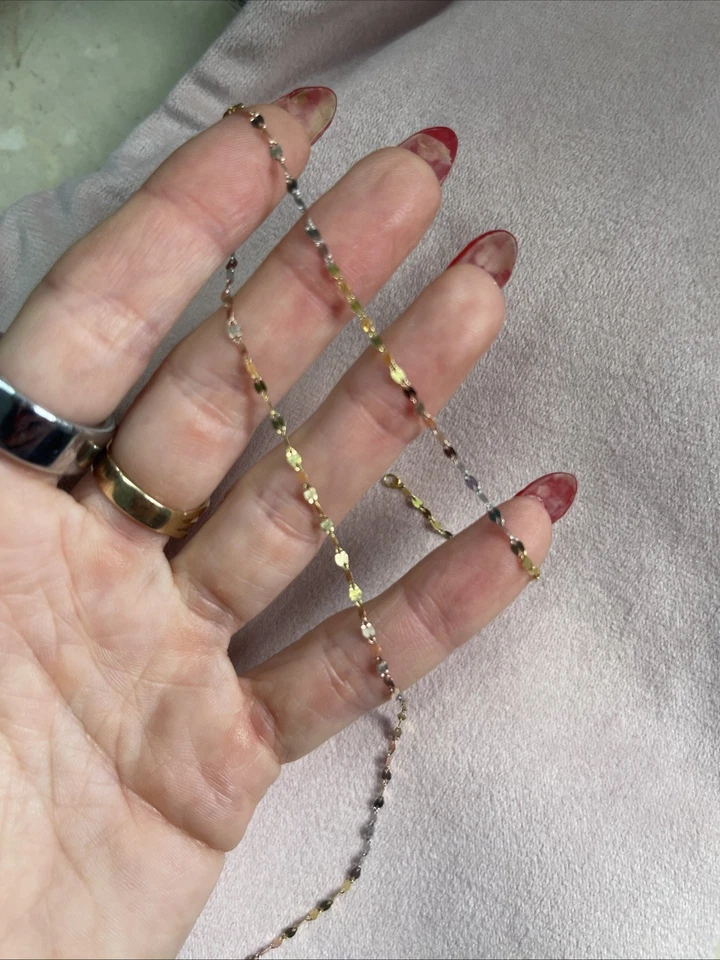 Unique And Sparkly 14k Tri Color Gold Mirror Link Chain Necklace - 16” - Image 2 of 4