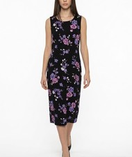 Vintage Women Floral Midi Dress Size 12 Black Scoop Neck Sleeveless
