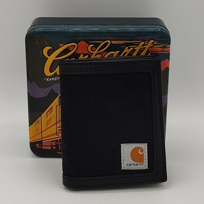 Carhartt Men's Black Cotton Duck Faux Leather Trim Trifold Wallet w/ Train Tin