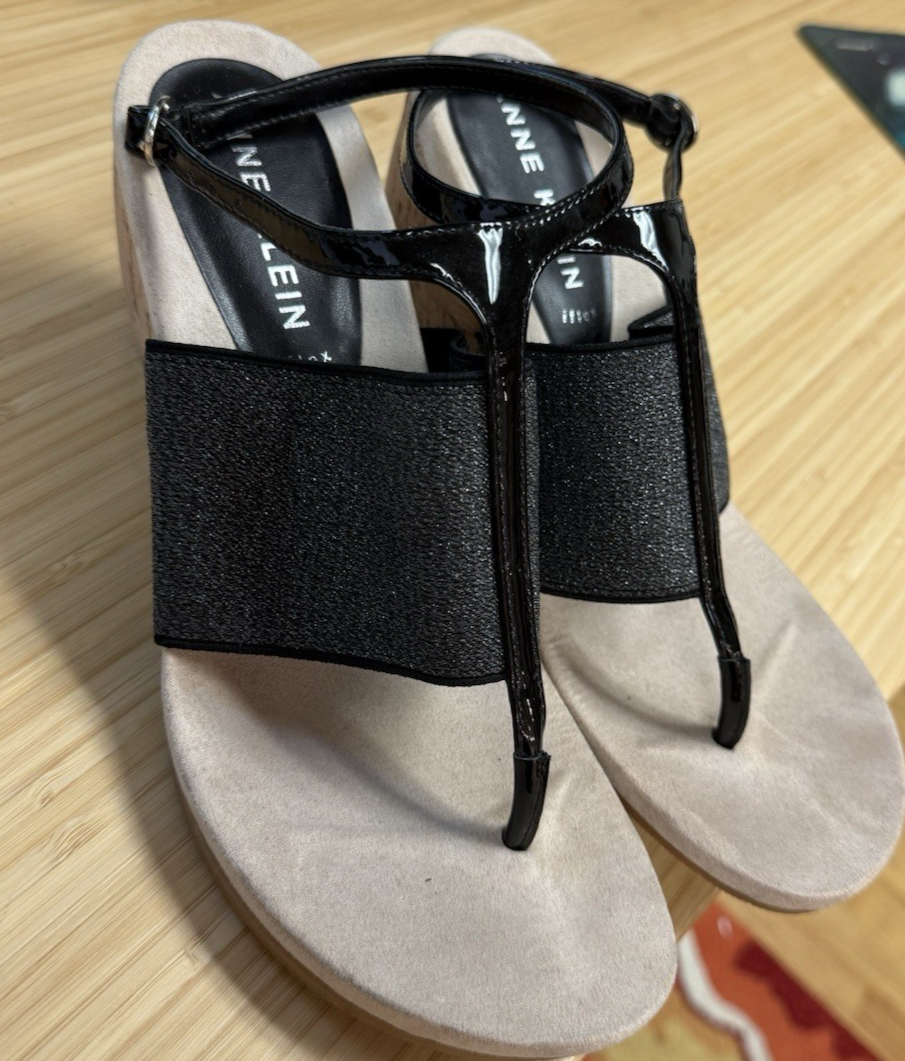 APL Anne Klein sandalo donna Ivana zeppa nero glitter e vernice taglia 9M