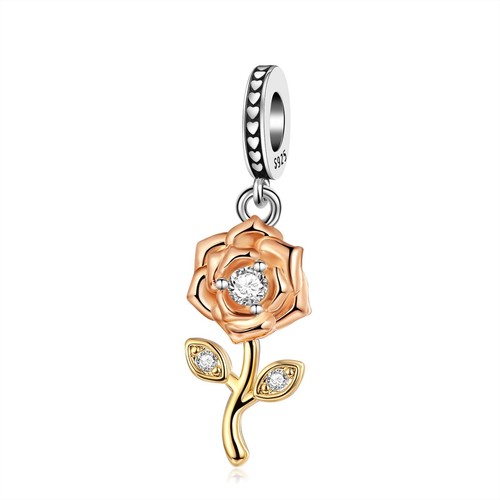 Rose Flower Charm 925 Sterling Silver Charm for Bracelets Necklaces fit Mother's - Afbeelding 1 van 7