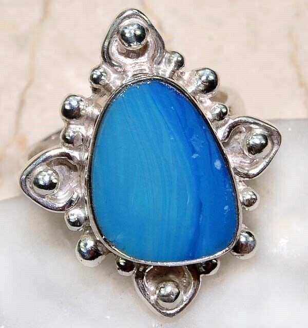 Natural Blue Lace Agate 925 Sterling Silver Ring Jewelry Sz 7.5 @11-7