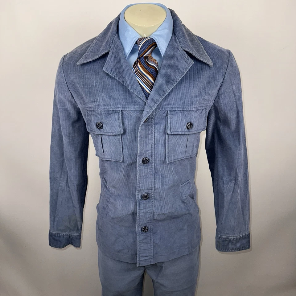 Vtg 60s 70s Leisure Suit Corduroy Mens 44 Jacket Coat 33 27 Pants Disco Mod Blue - Image 4 of 4