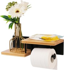 Wooden Toilet Paper Holder W/ Phone Shelf Wall Mount  Adhesive Mount Wood